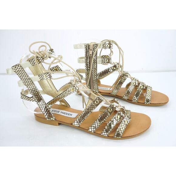 Steve Madden Gold Snake Lace up Gladiator Strappy Sandals Size 5.5 Flat - Picture 11 of 11